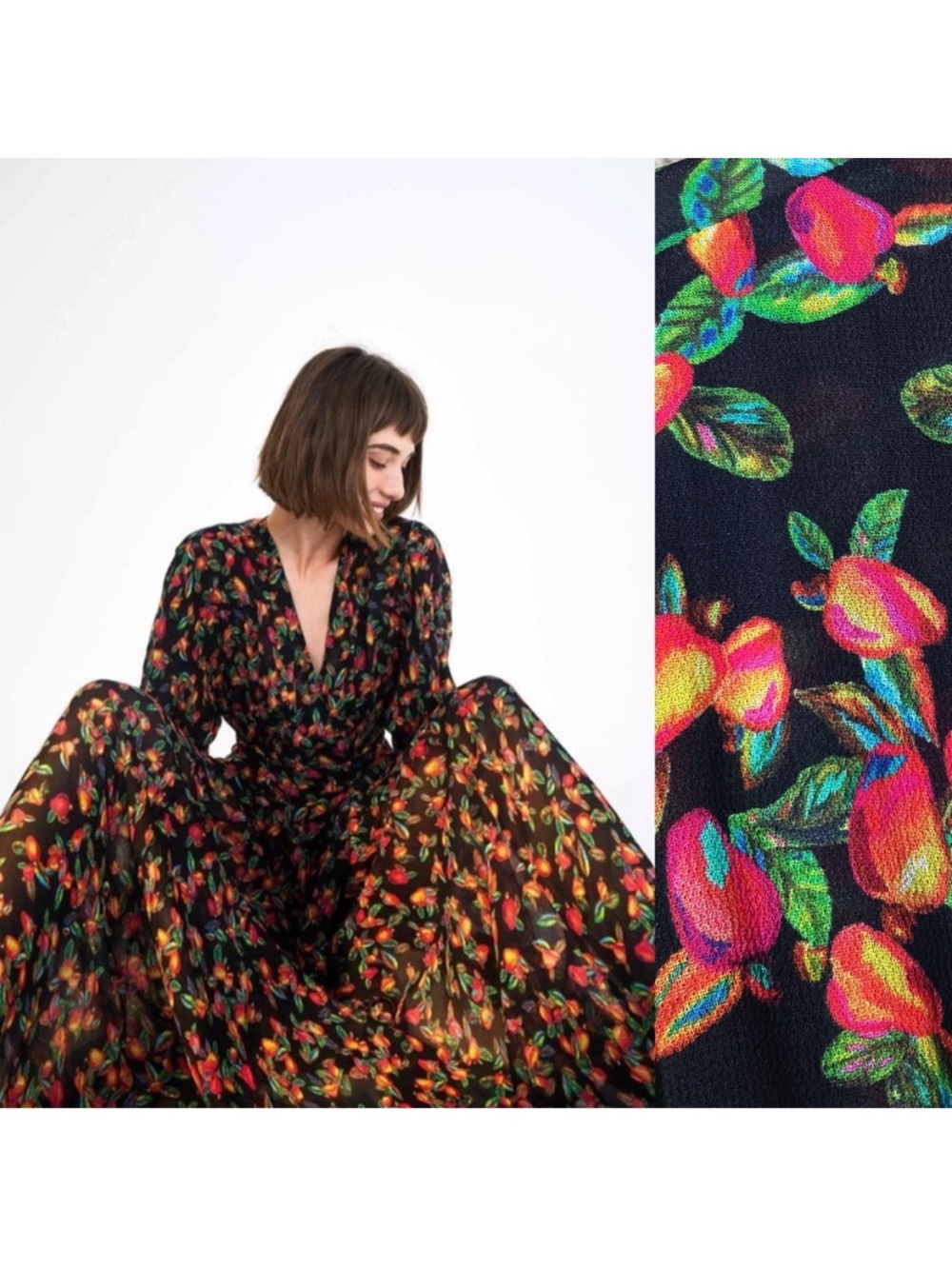 FARM RIO ANTHROPOLOGIE
Black Peach Fruit Printed Mini
Cashew Maxi Wrap Dress